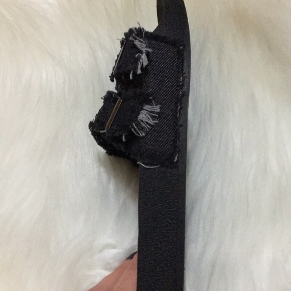 🌳 Nikki Fringed Top Denim Buckle Slides Black and Khaki Green - Picture 2 of 3